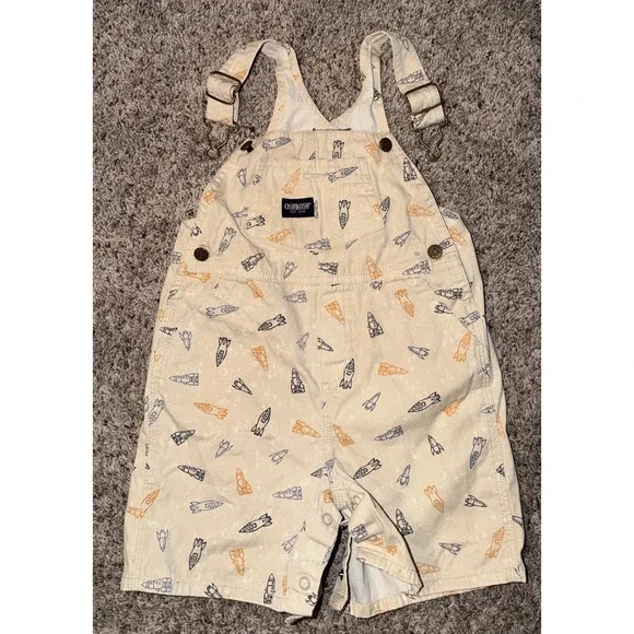 OshKosh B'gosh 24M Rocket Print Shortalls Cream/beige Orange Blue - Picture 2 of 5